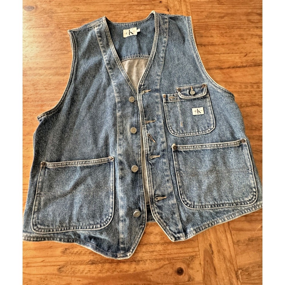90s Calvin Klein CK Jeans Denim Button Vest Unisex Leather Patch Sz L Vintage - Picture 3 of 8